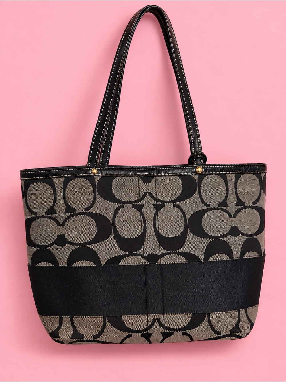 Coach Black and Gray Signature Canvas Tote with Leather Trim